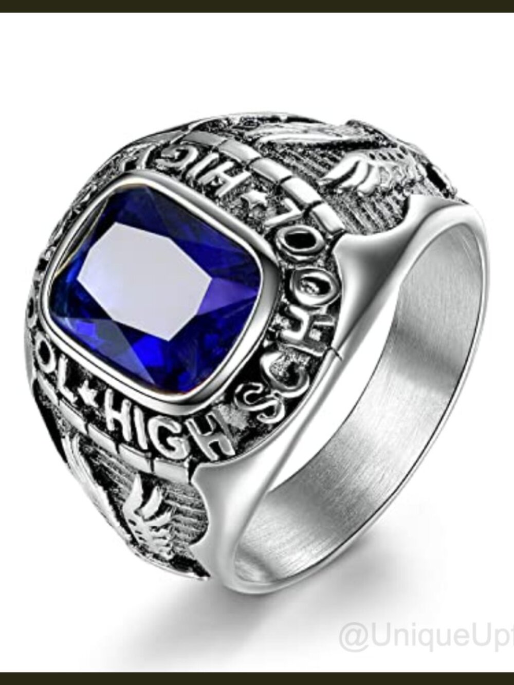 Men's 316L Stainless Steel Signet Ring with Blue Crystal Stone
